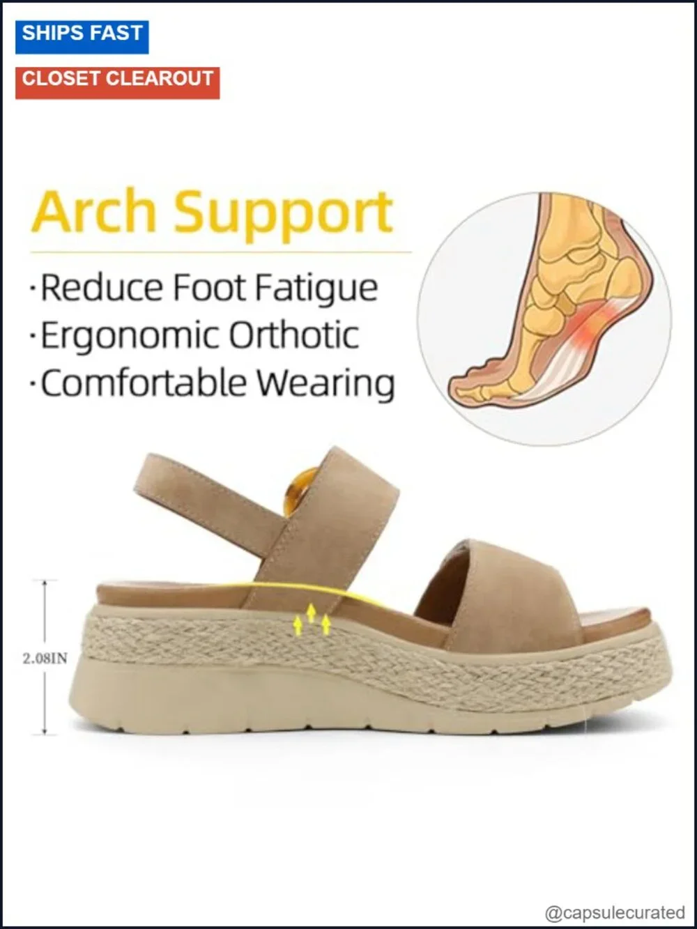 Womens Espadrille Platform Sandals Low Wedge Orthopedic Arch Support Cushion